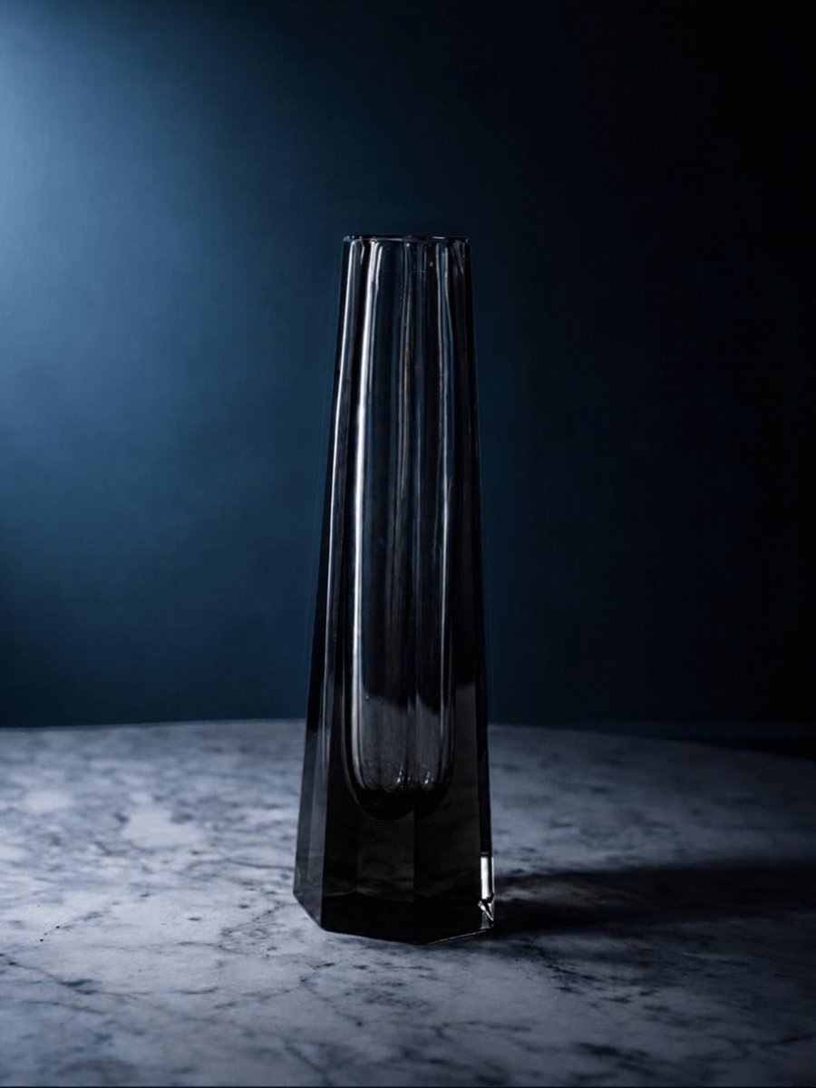 Smoke-Gray Faceted Glass Bud Vase — 8"
