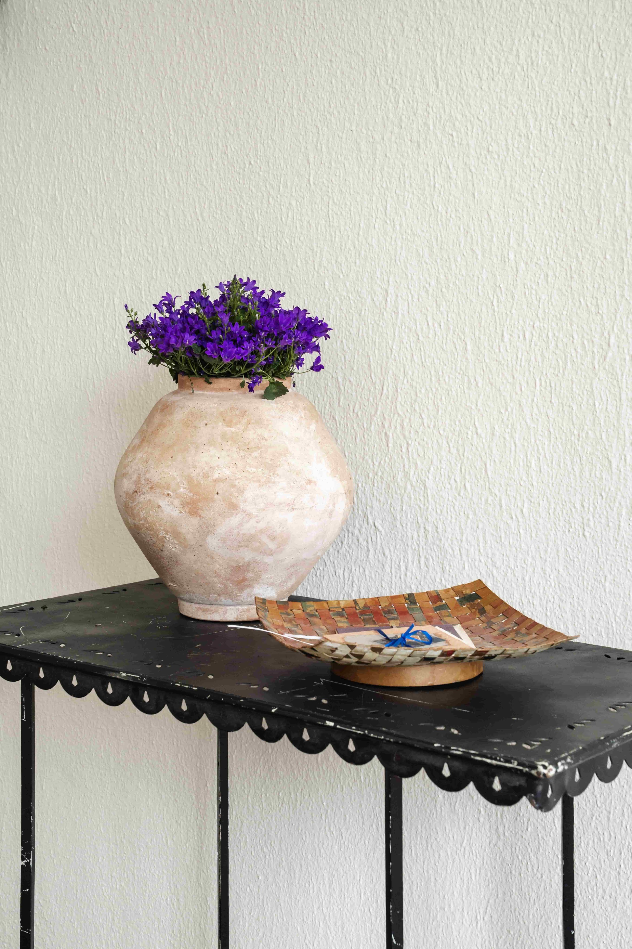Woven Pedestal Bowl on vintage steel garden bench.jpg