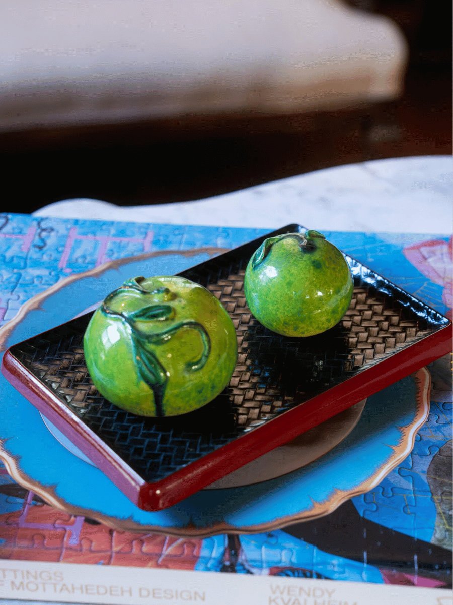 Green Porcelain Apples with Black & Oxblood Tray