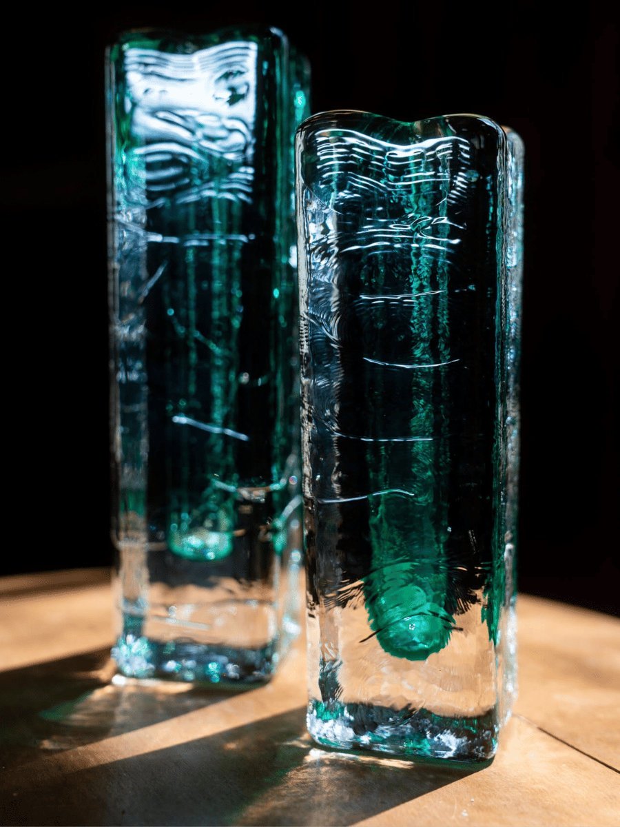 Aqua & Emerald Textured Glass Bud Vases — Pair