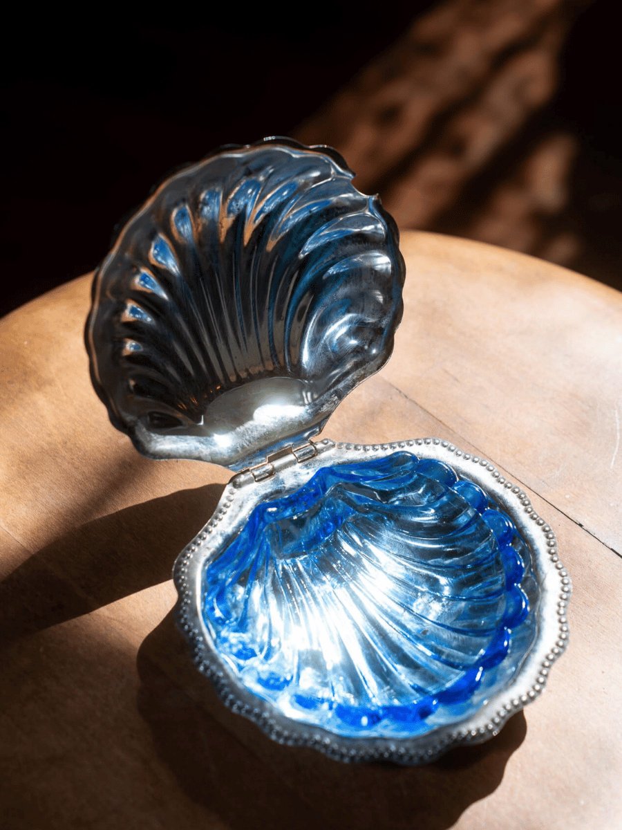 Silver-Tone Scallop Shell Dish with Cobalt Glass