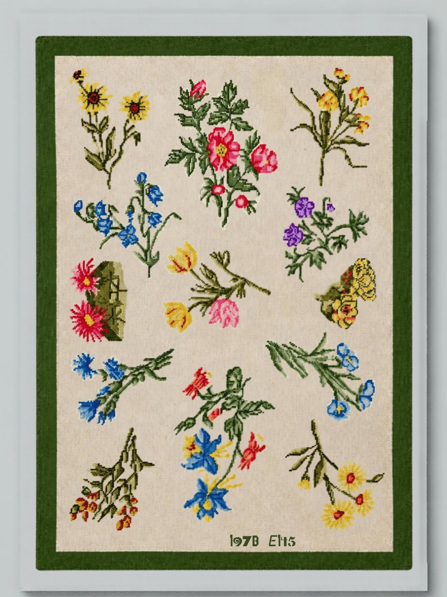 Digital visualization of the 1978 floral wool needlepoint in a wood frame; textile is sold unframed and frame is not included.