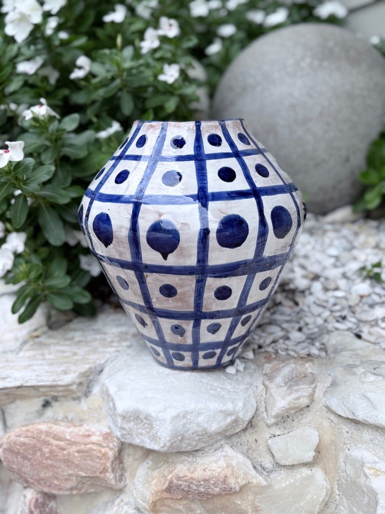 handpainted vase with grid pattern.jpeg