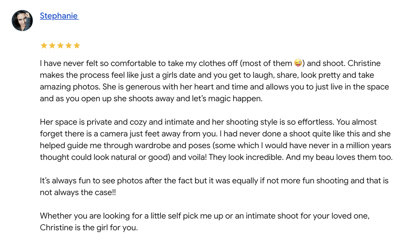 Screenshot of a review by Stephanie describing her positive experience with a photographer named Christine, including details about the photoshoot, her comfort level, and the photographer's style.