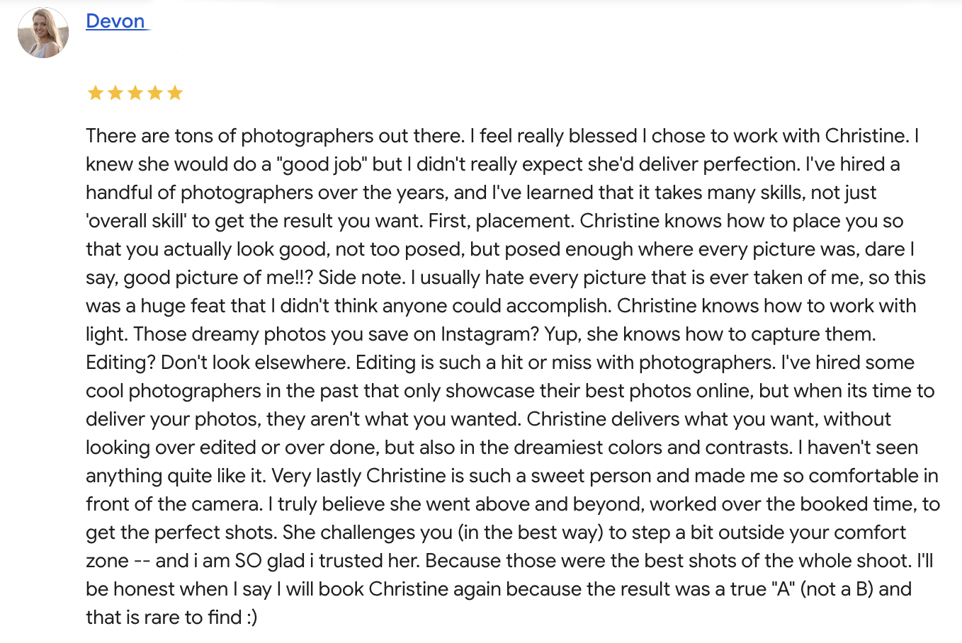 Screenshot of a positive online review about a photographer named Christine, praising her skills in placement, lighting, editing, and capturing great photos, written by someone named Devon.