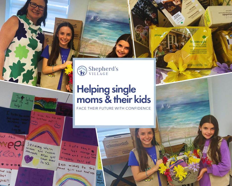 Group of women and girls at Shepherd's Village event promoting support for single moms and their children, with crafts, artwork, and donations on display.