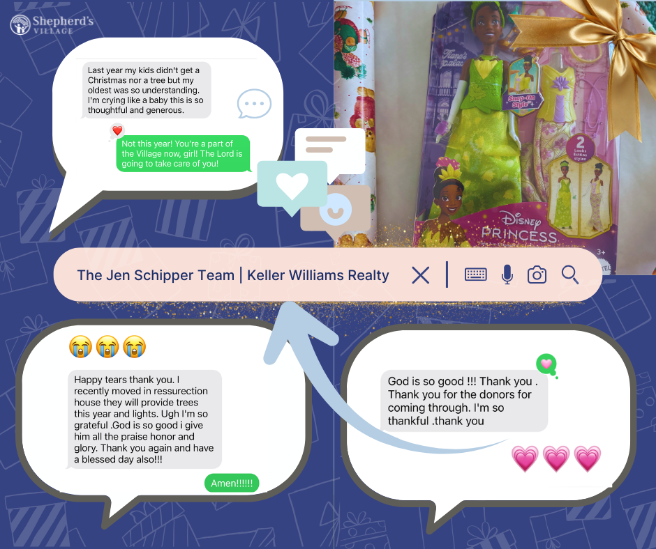 Screenshot of a social media or chat conversation discussing a Christmas gift donation effort, with messages of gratitude, faith, and blessings. There is an image of a Disney princess doll in the background, decorated with a golden bow.