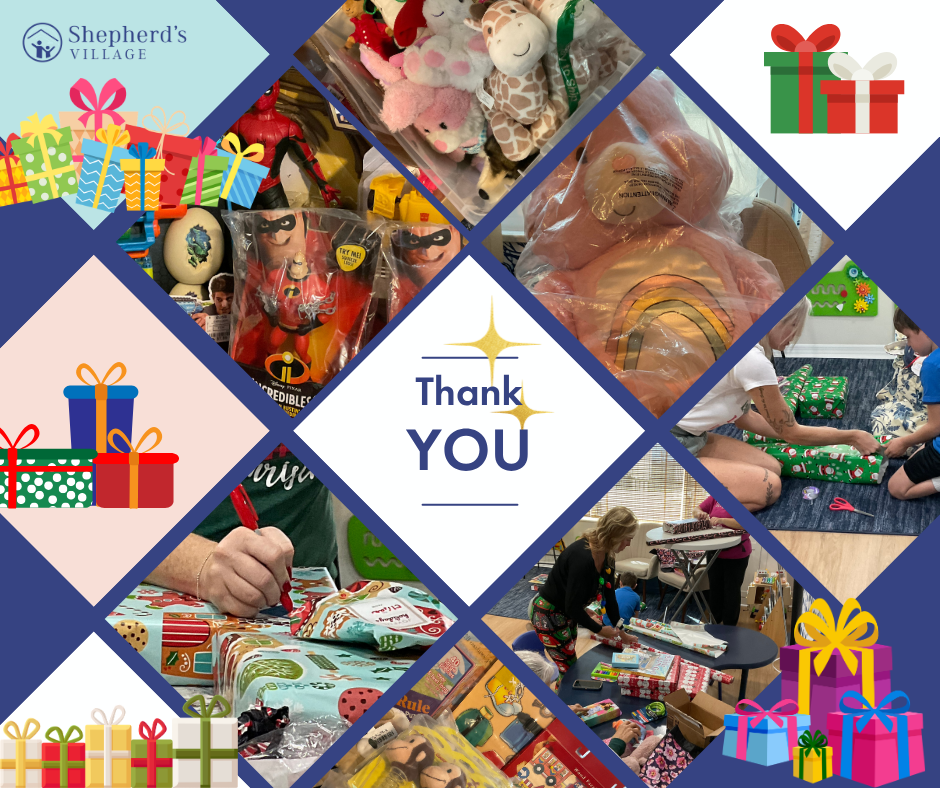 collage of images showing children and adults wrapping gifts, plush toys, and Christmas decorations, with festive gift graphics and a central message saying "Thank You".