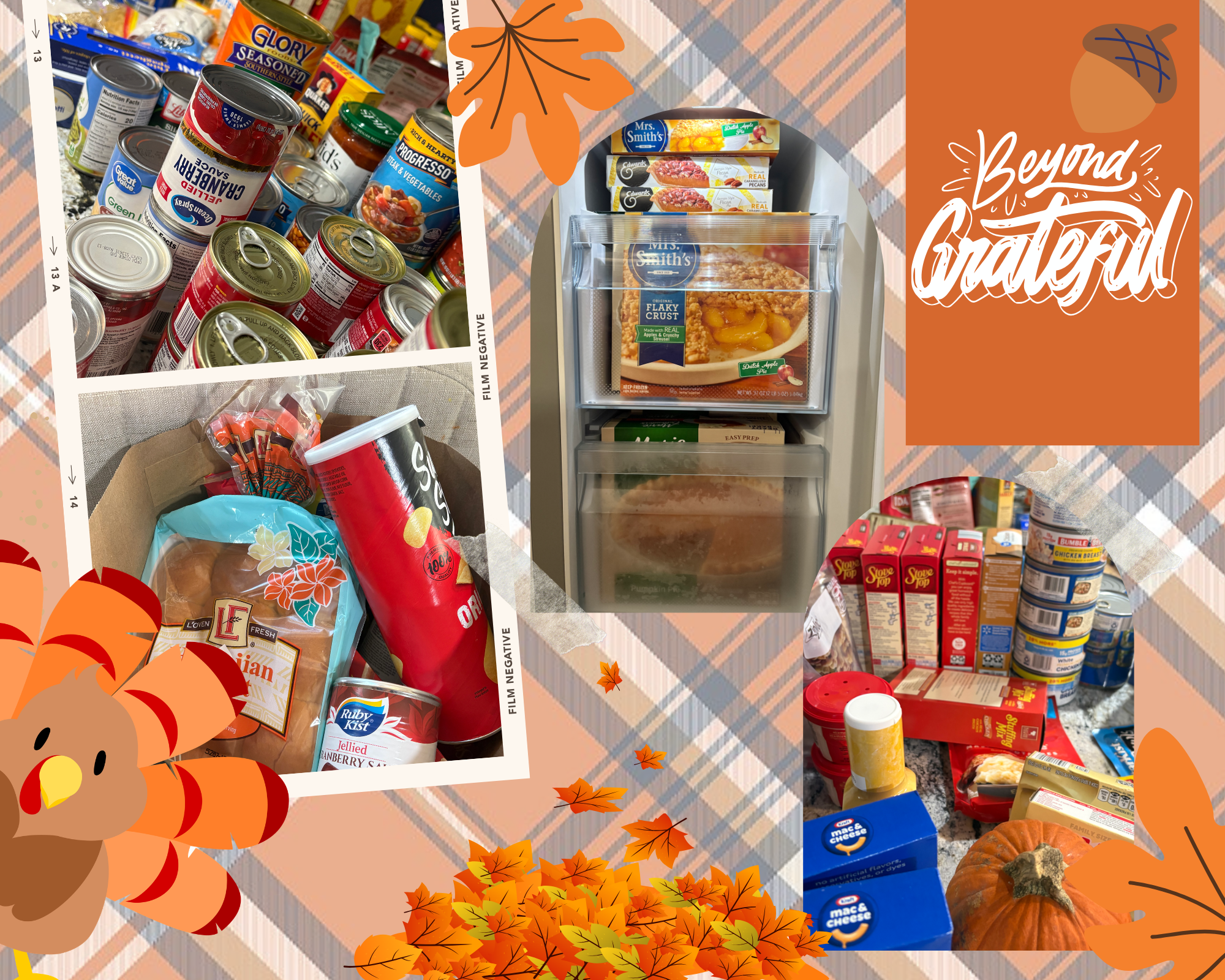 A refrigerator stocked with canned goods, boxed pasta, frozen meals, and baking ingredients, surrounded by autumn-themed decorative elements and a plaid tablecloth background.
