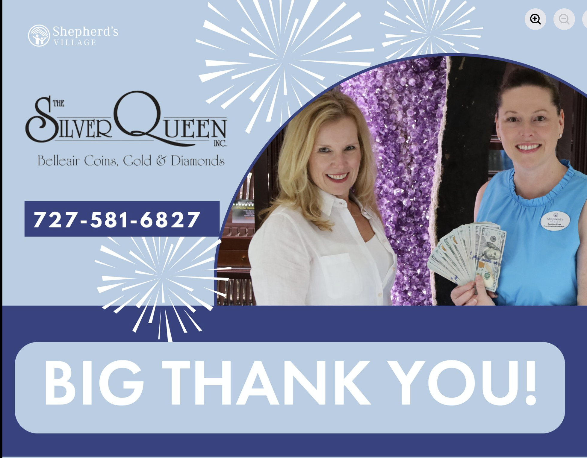 Celebration flyer for Shepherd's Village featuring images of two women, with one holding a fan of dollar bills, against a backdrop with purple crystals and fireworks, providing contact number and message of thanks.