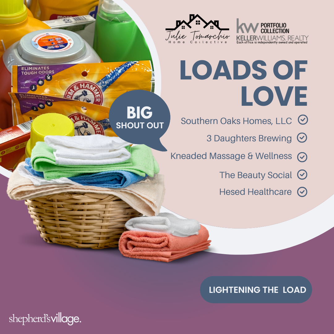 A basket of neatly folded laundry with colorful towels and cloths, surrounded by cleaning supplies and household items, on a purple surface with a pink and gray background, featuring text promoting community support and wellness.