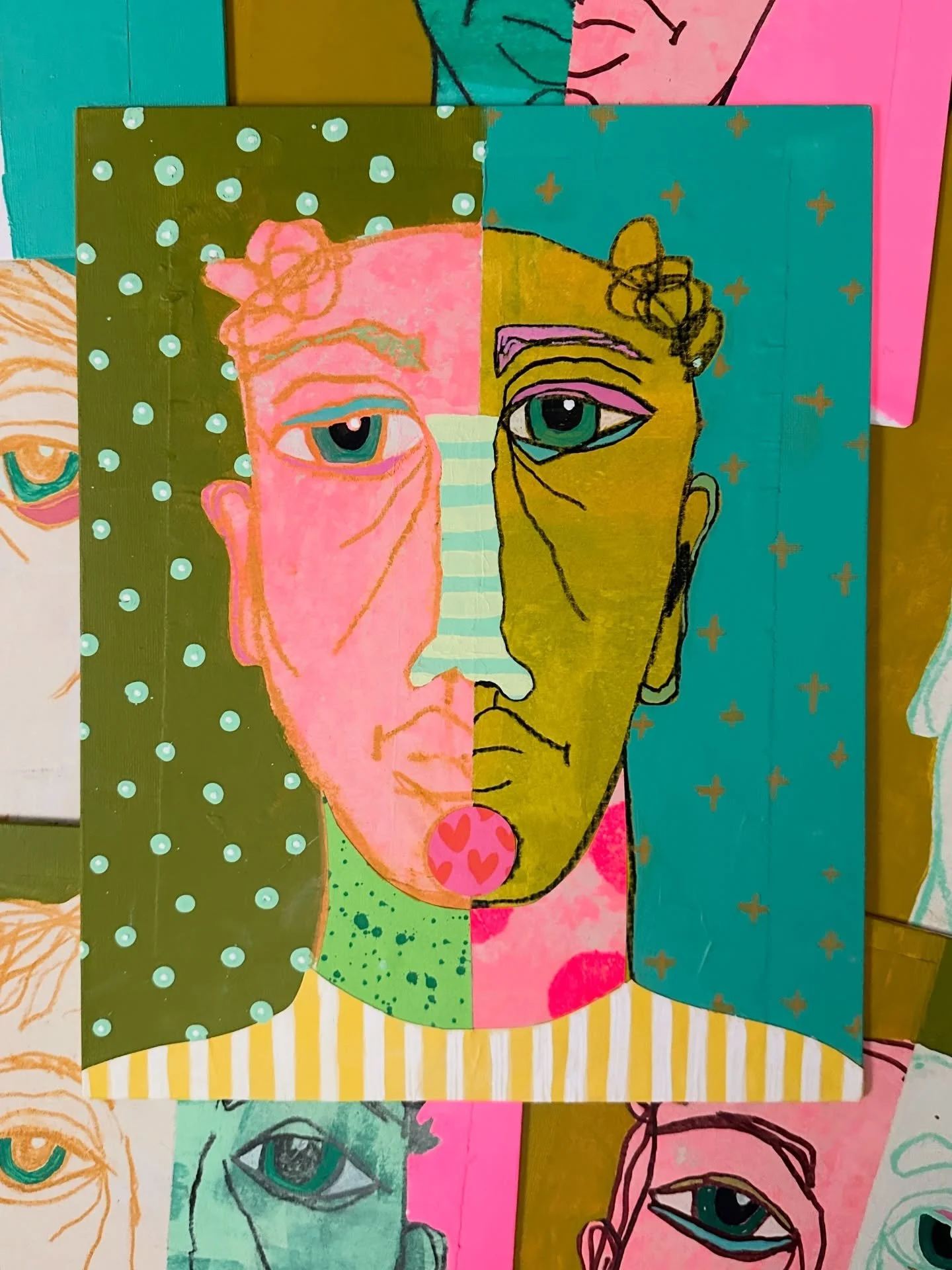 #100daysofflow continues with progress on this month&rsquo;s incredible, amazing, fun and exciting mixed media collage project from Dori @patrickdori and @fodder.school. So I&rsquo;ll just keep working on these 8 Split Heads a little each day for my 