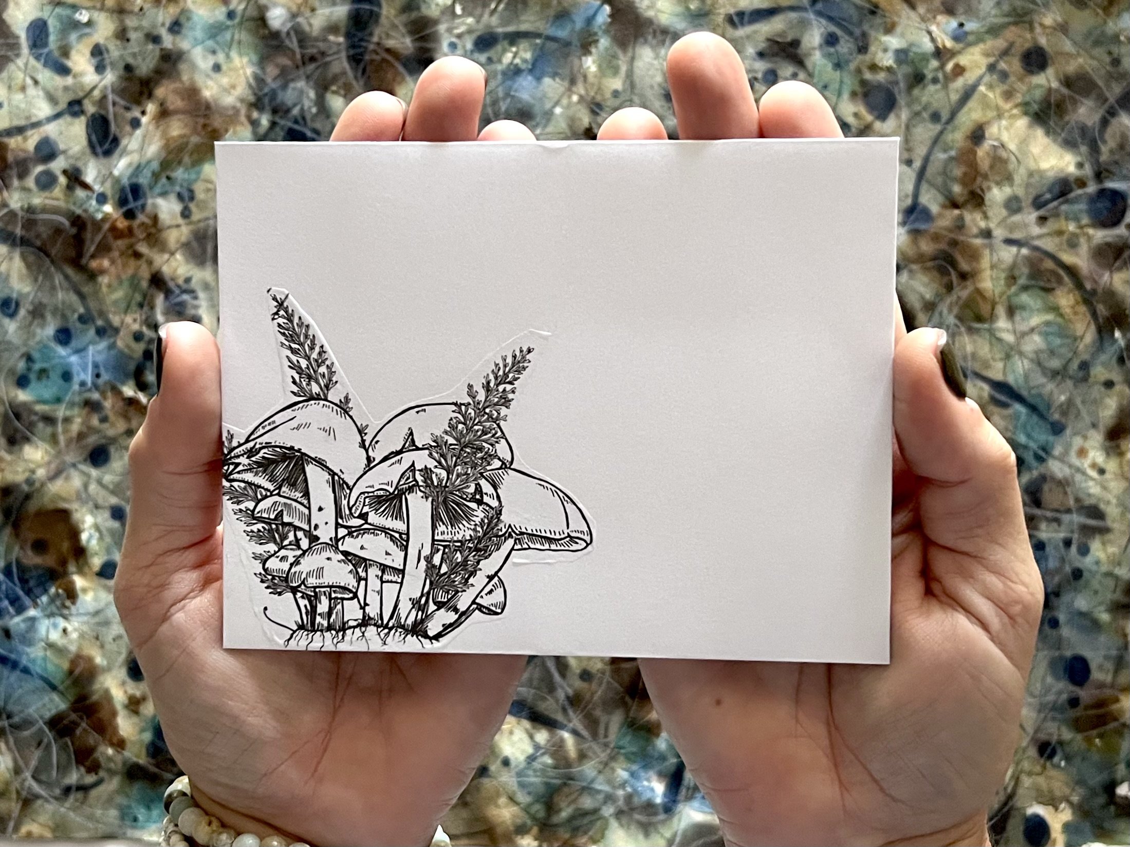 Mixed Media Artist Tracey Wozniak makes paper collage fodder using messy watercolor painting, hand-drawn mushrooms and ferns, fussycut paper art, and relaxing painting techniques