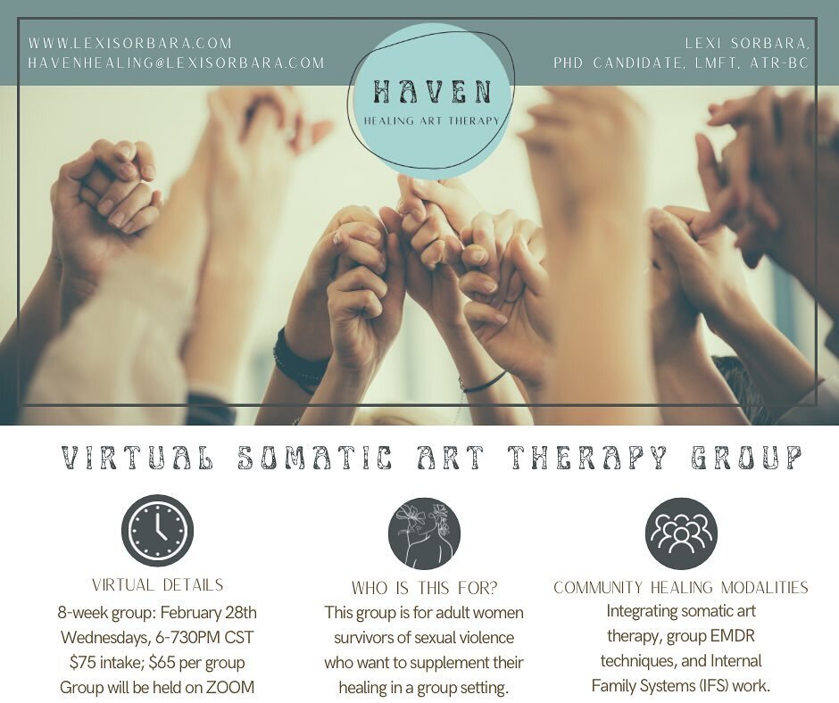 Join us! 🩵🩵🩵 We still have space available in our virtual somatic art therapy group. This is an 8-week closed group for women who have experienced sexual violence. If you&rsquo;re on the fence or unsure if you qualify&mdash;reach out for a free co