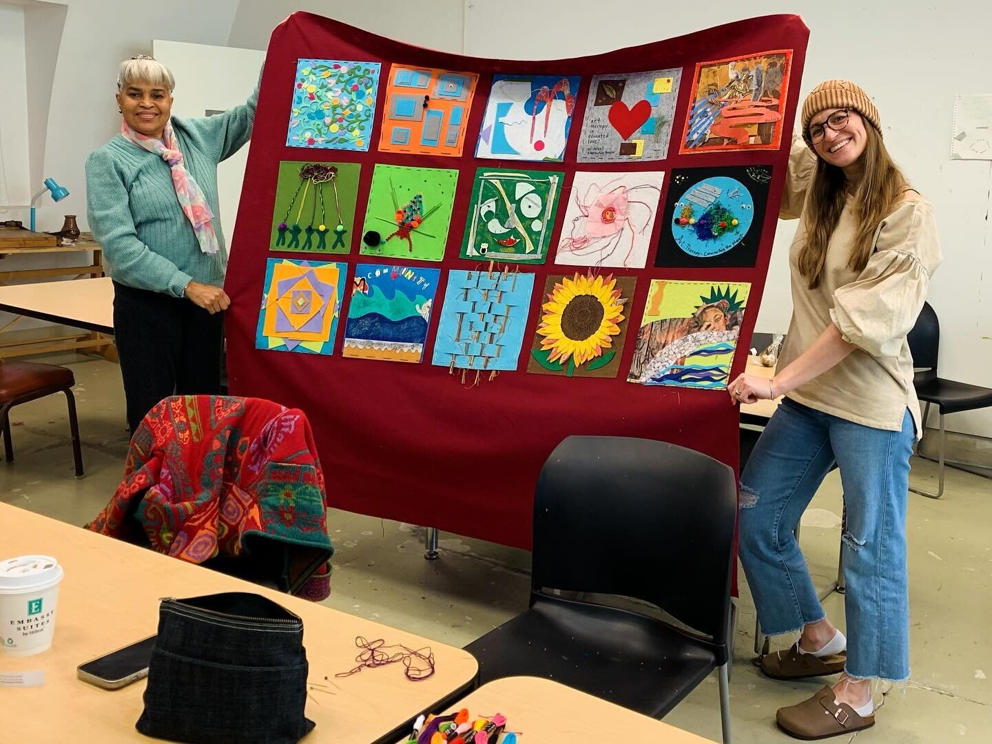 Me and Raceal with our PhD Art Therapy Psychology Community Quilt&hellip; created with love by Cohort 5 &amp; 6 💛💛💛 

#phdarttherapy #arttherapy #art #communityquilt #community