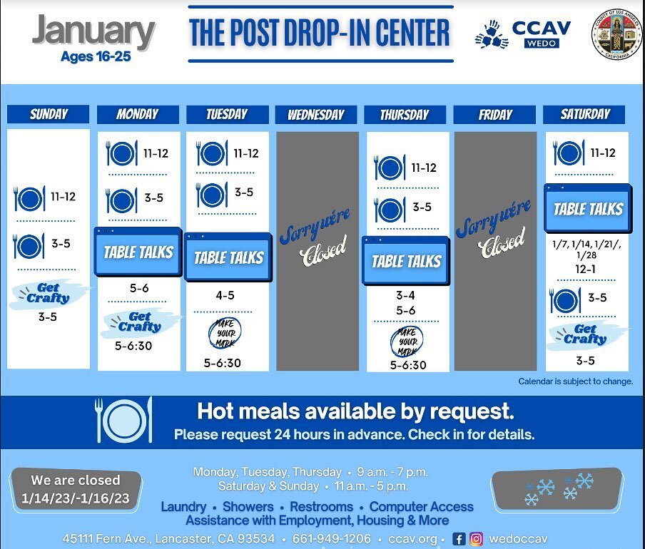 Are you a TAY? Visit the @childrenscenterav for hot meals, table talks, and more!