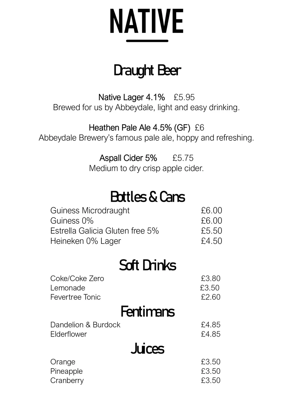 Drinks Menu — Native / Stag & Eel / J H Mann
