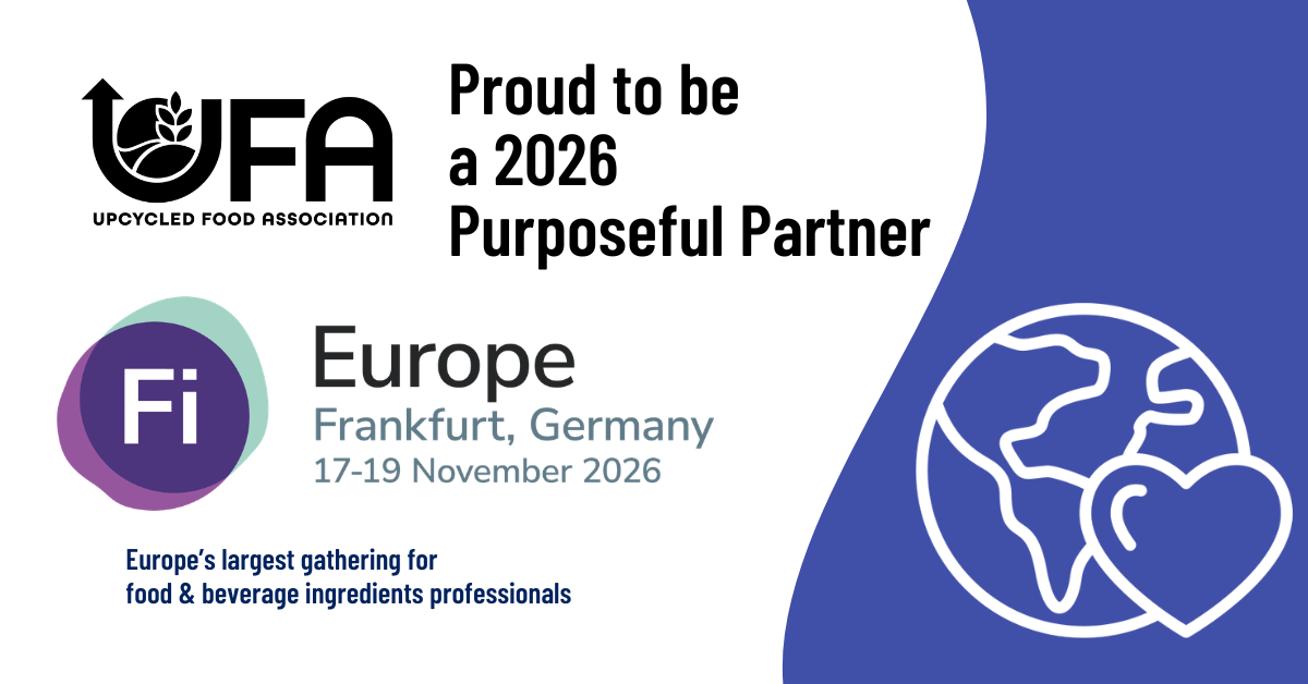 Event poster for the Upcycled Food Association conference in Europe, Frankfurt, Germany, November 17-19, 2026. The poster includes the UFA logo, promoting as Europe's largest gathering for food and beverage ingredients professionals, with a graphic of a globe and heart.