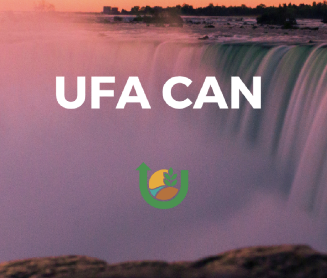 Sunset over Niagara Falls with a pinkish-purple sky, featuring the text 'UFA CAN' and a logo of a plant growing out of earth with a yellow sun in the background.