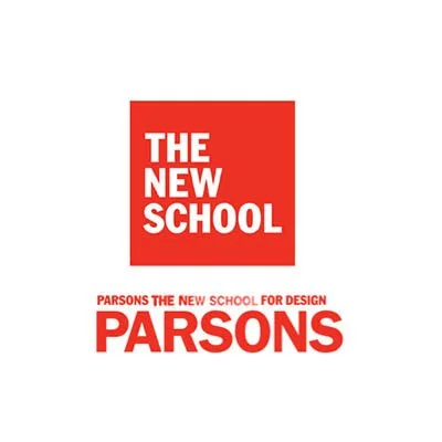 A promotional graphic for Parsons School of Design, with a red square containing white text that says 'The New School' and 'Parsons' underneath, along with additional smaller text 'Parsons The New School for Design'.