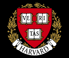 Harvard University seal with a shield, book open with 'VET' and 'RIS' on each page, surrounded by laurel leaves, and a banner below with 'Harvard'