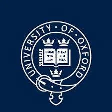 Seal of the University of Oxford with a dark blue background and white emblem featuring three crowns and a shield with Latin inscriptions.