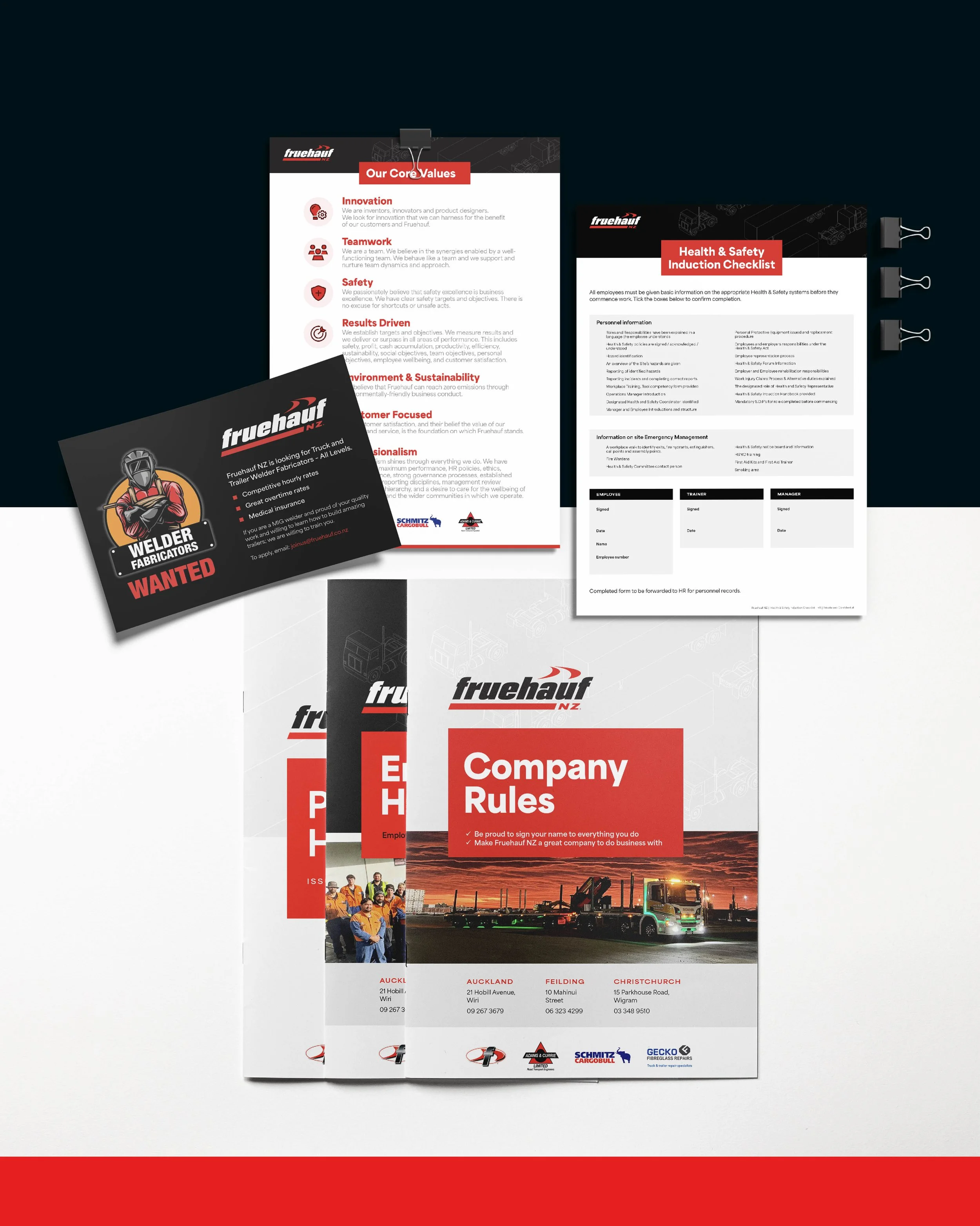 Internal Collateral for Fruehauf NZ — a range of flyers, single PDF's and handbooks