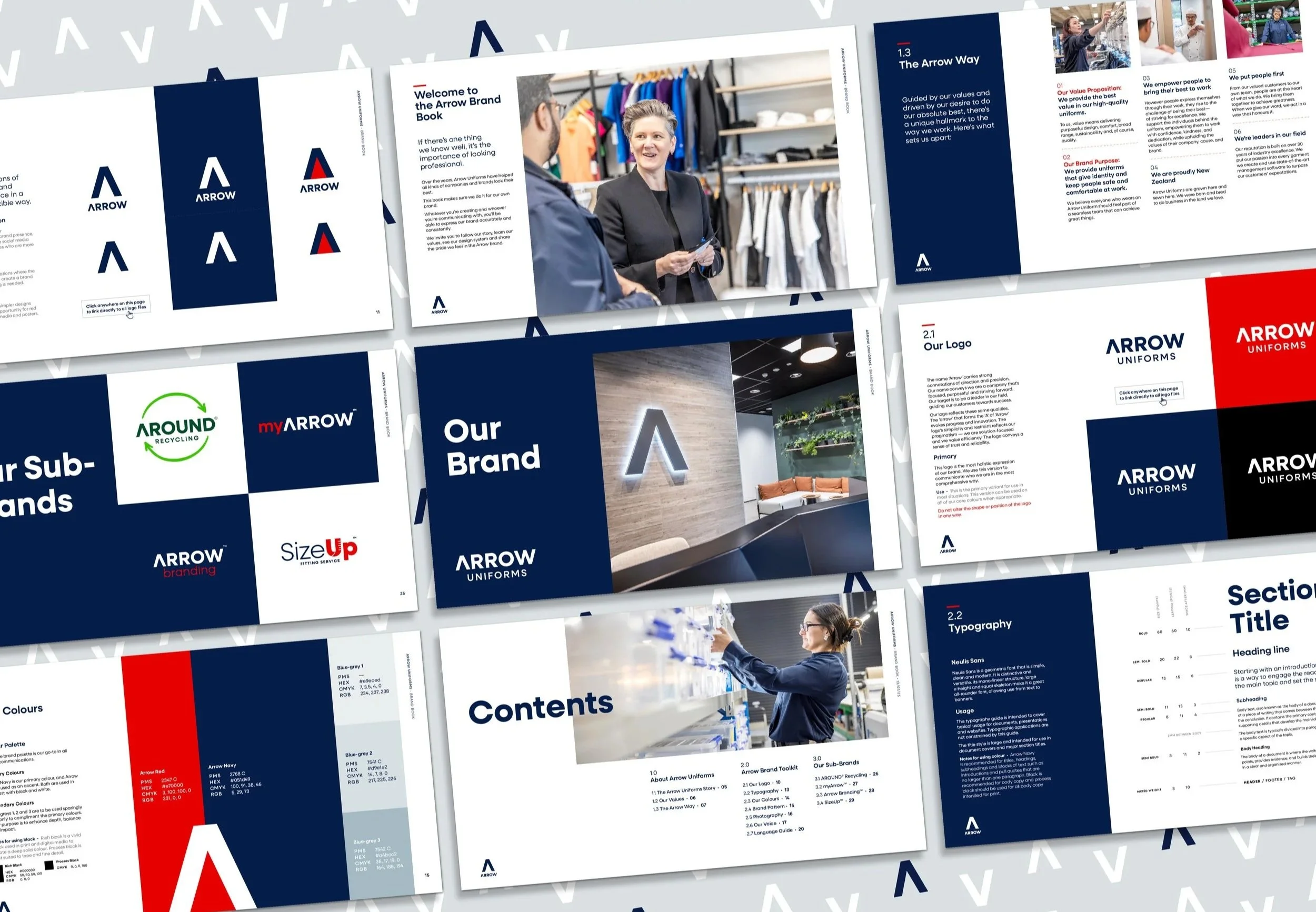 Nine mocked up pages of Arrow Uniforms Brand Guidelines with examples of their colours, logos, sub-brands and more, all on a branded pattern background in grey and white.