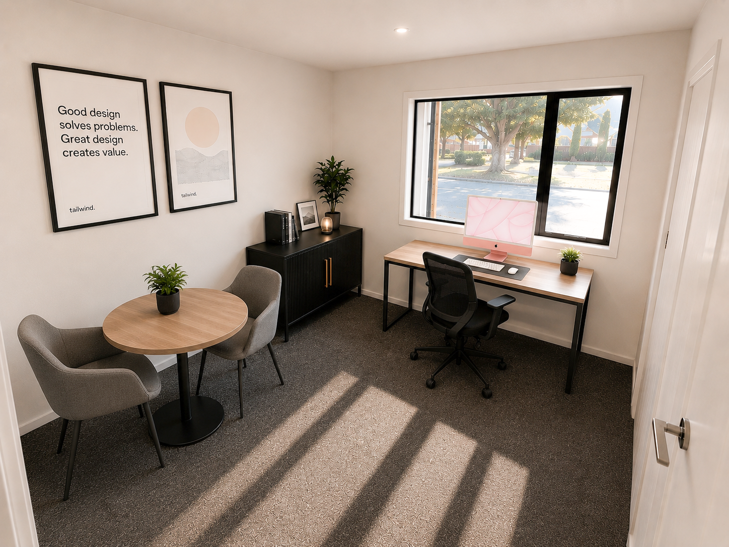  Digital mockup of Office 2 with one desks and a consultation table 