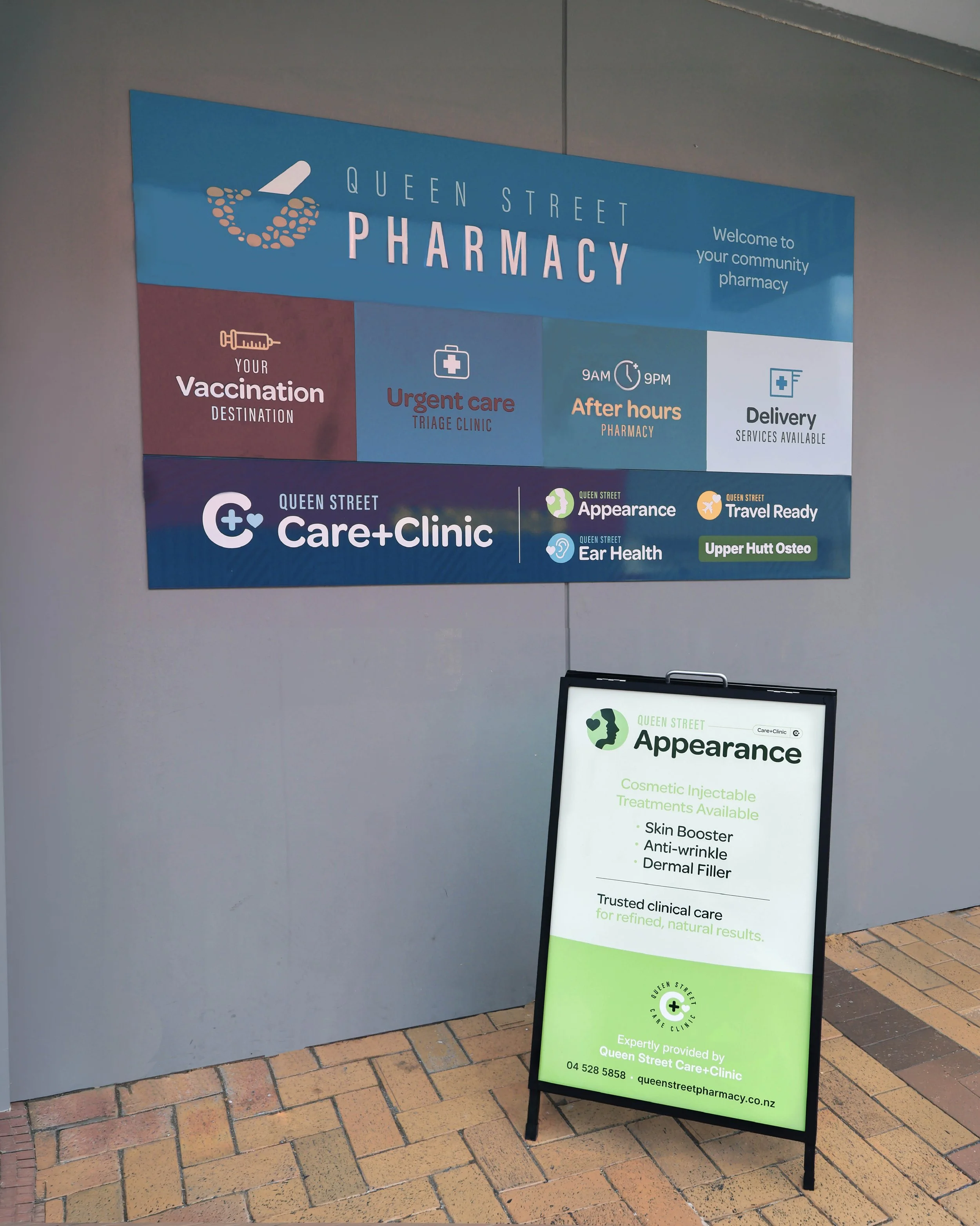 Signage we designed to show an overview of the Queens Street Pharmacy services as well as the Care+Clinic offering. And a fantastic new footpath sign to highlight the new Queen Street Appearance clinic.