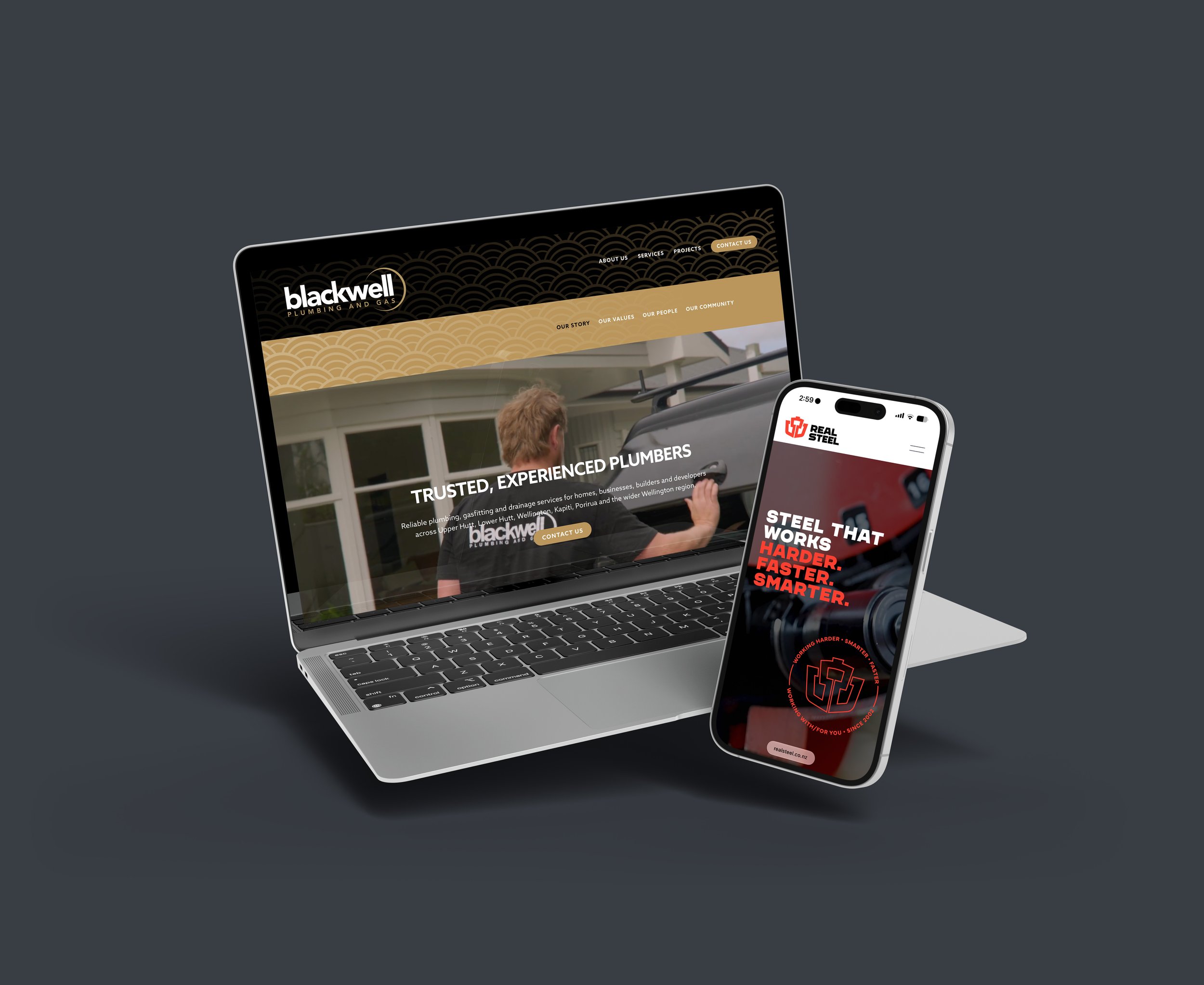 The Blackwell website mocked up on a laptop and the Real Steel website mocked up on a mobile.