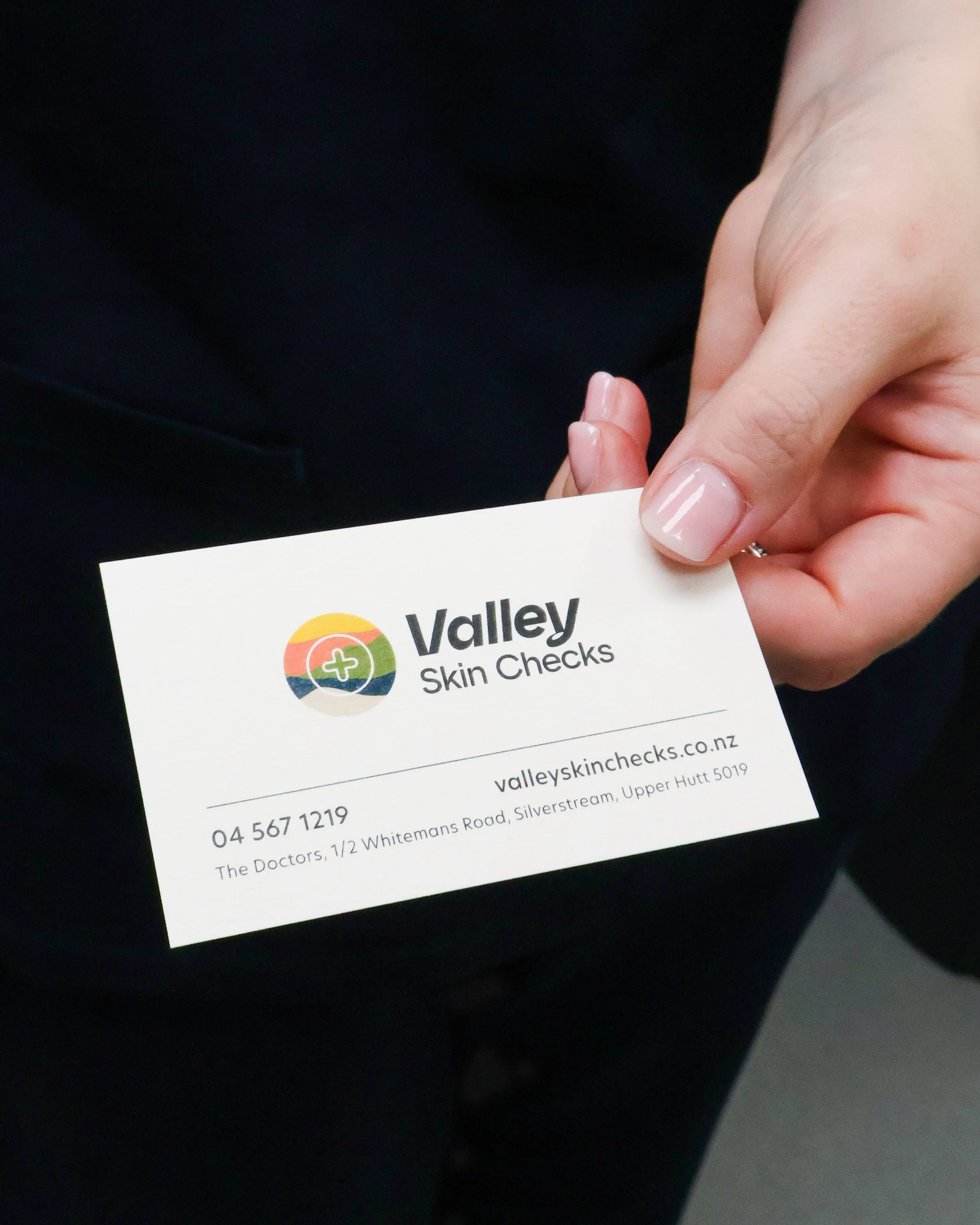 Practical Business Cards for Valley Skin Checks with appointment information on the back