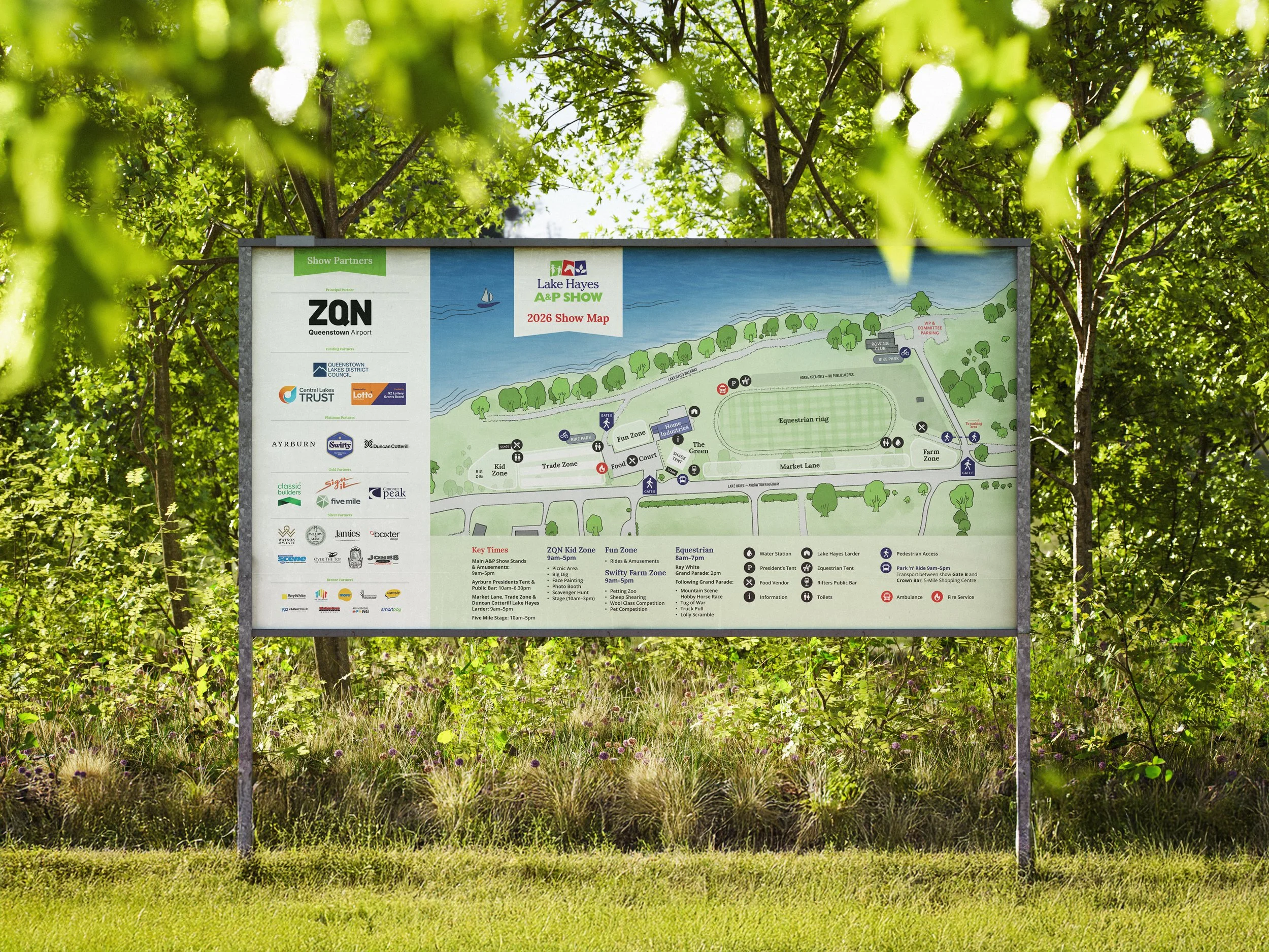 We designed a custom, artistic map for Lake Hayes A&P Show and surrounding area, then added map details tailored to each year. 