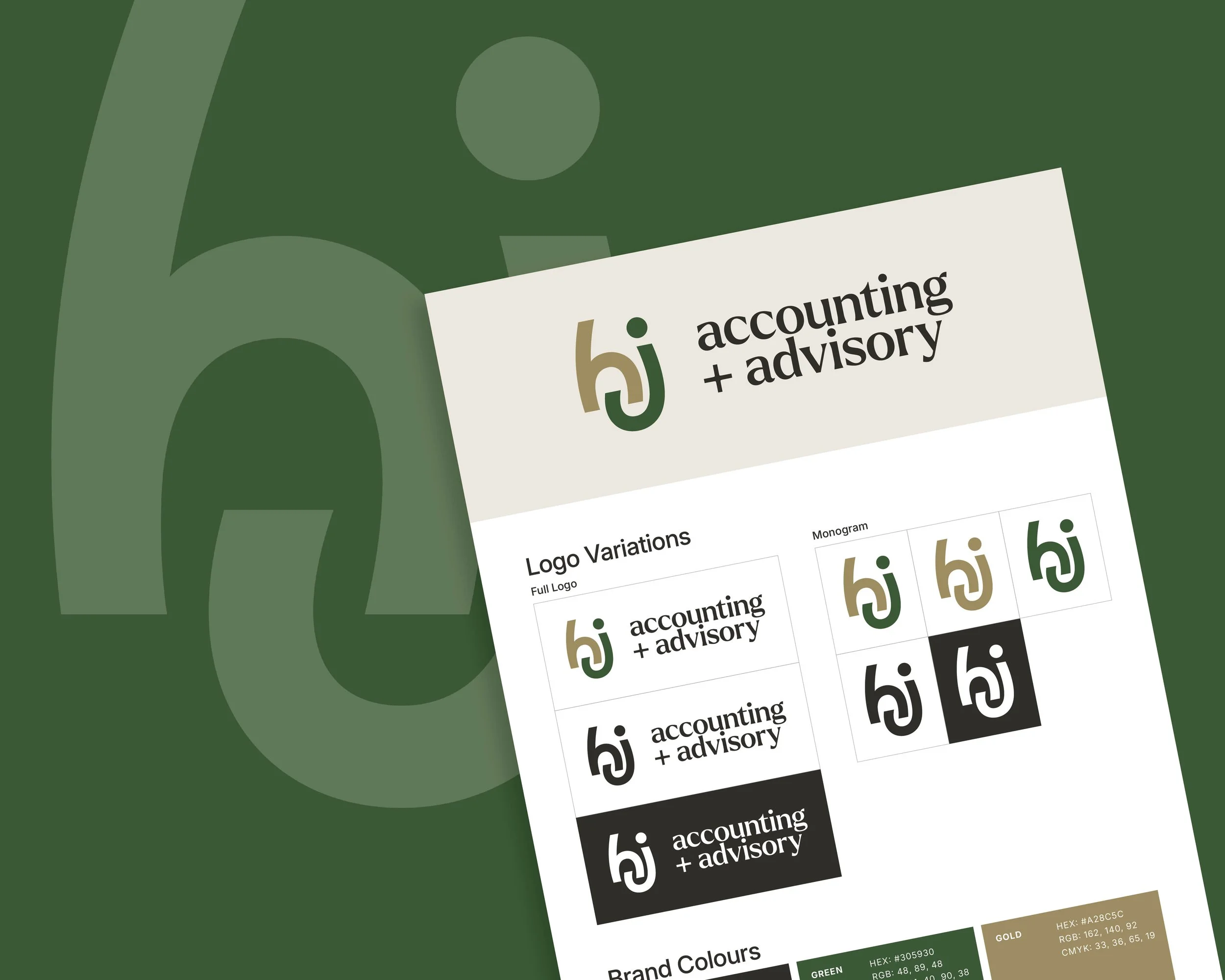 The HJ brand combines a fun interlocking monogram with contemporary typography to stand apart from typical accounting branding.