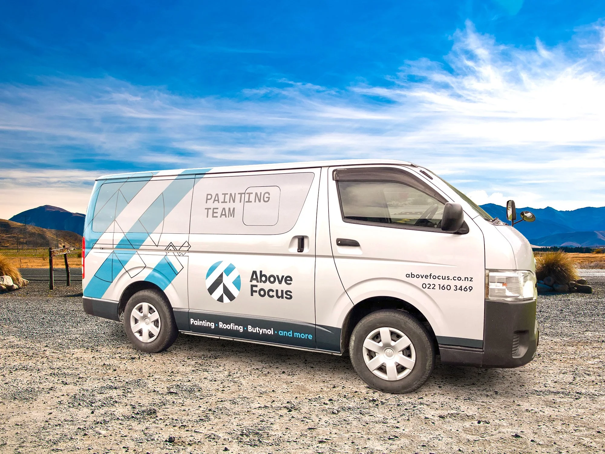 Vehicle graphics for roofing company Above Focus