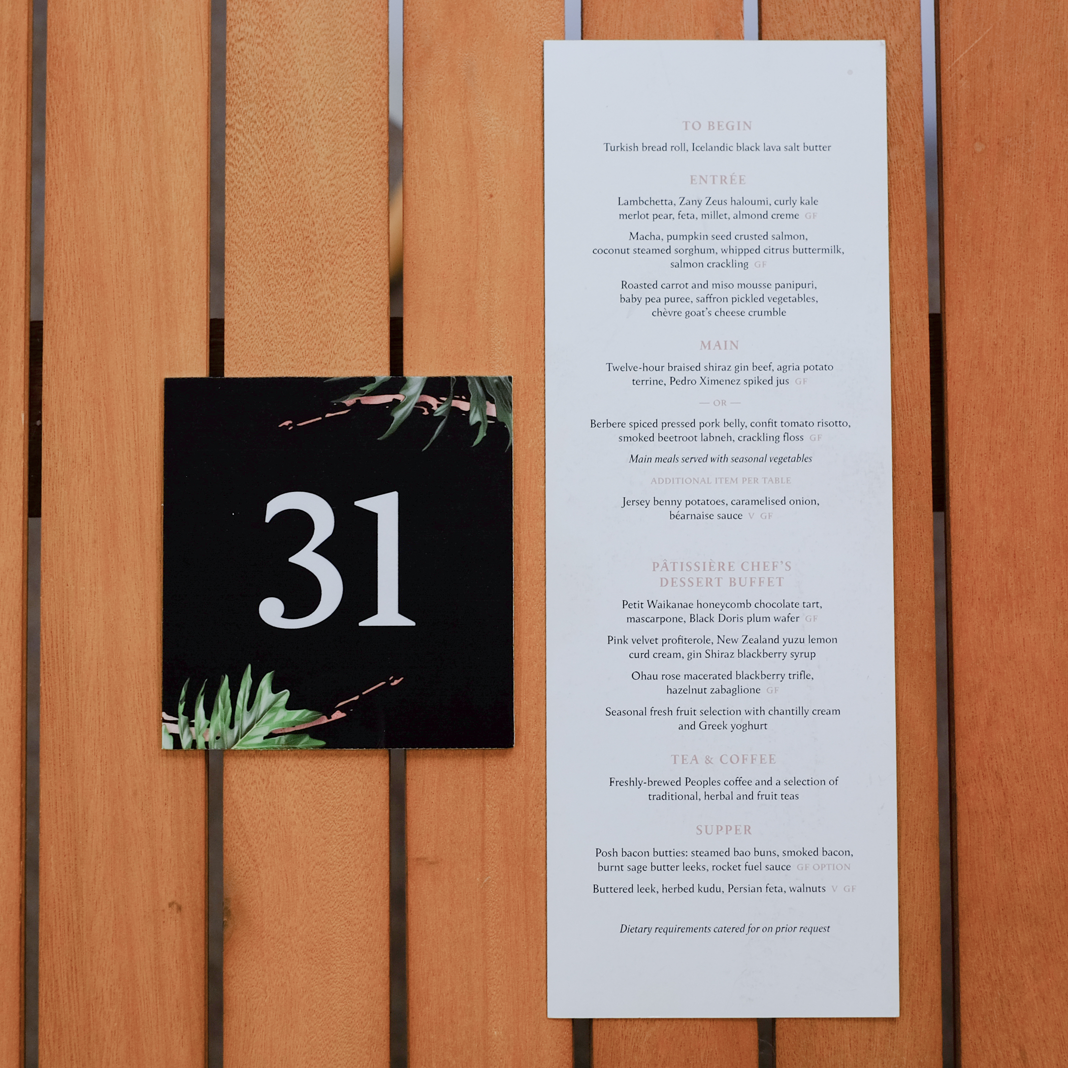 Table number and menu design for New Zealand Dairy Industry Awards