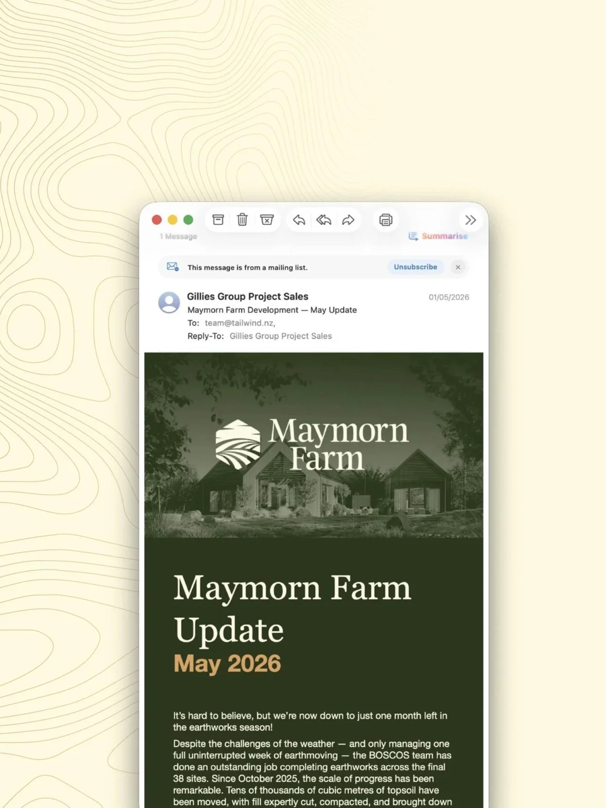 Email newsletter template for Maymorn Farm, Housing development by Gillies Group in Upper Hutt. Designed by Tailwind Branding Design