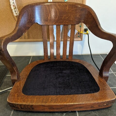I chose a rich, dark cocoa chenille fabric to bring out the complexities of the wood grain