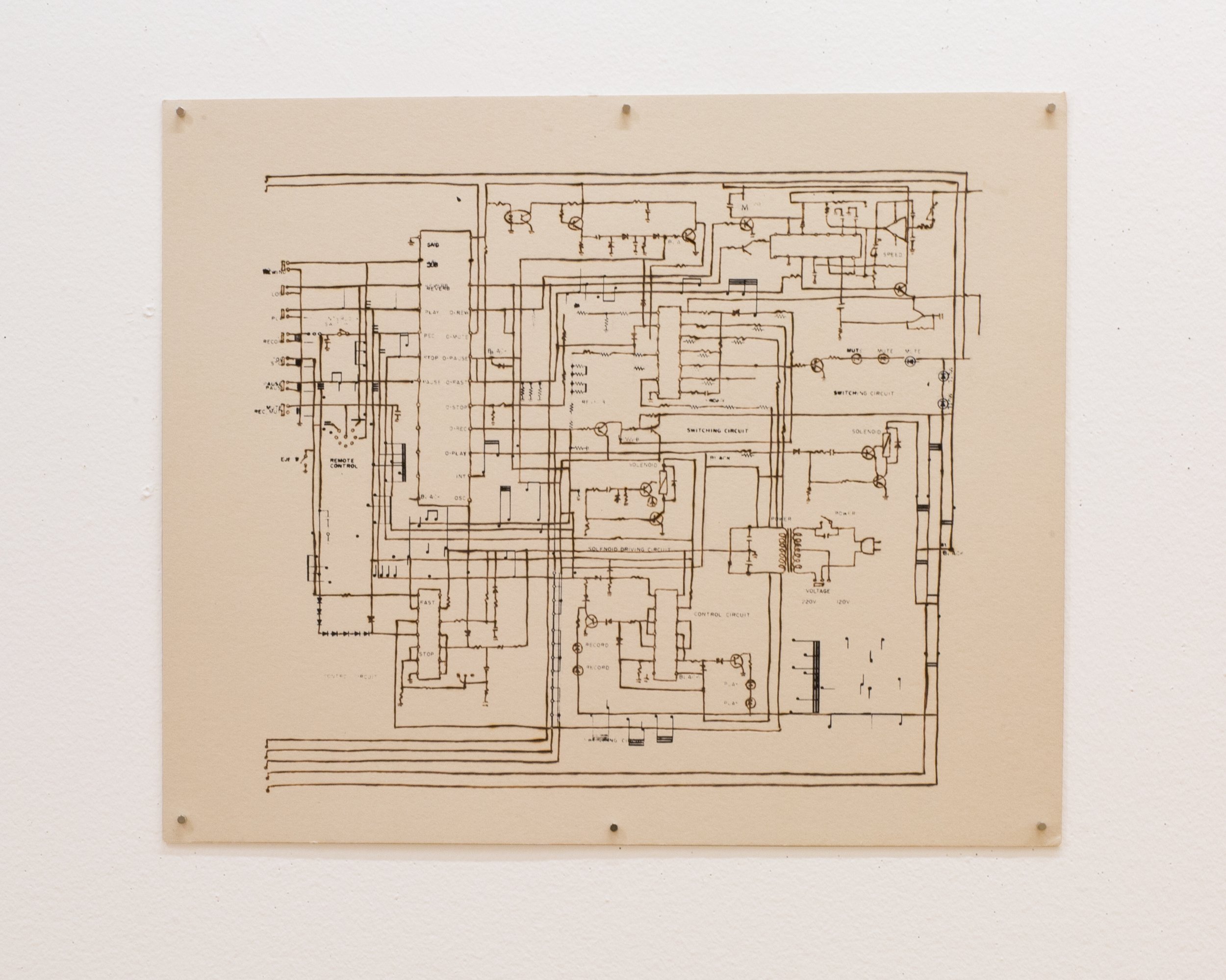 BB King’s Live at the Regal Tour
24” x 20”
Taskboard, Ink, Soldering Iron Heat
Source: Fisher CR-M500 Stereo Microcassette Deck with Metal Tape Capability, Solenoid Operation and DOLBY NR/HX System