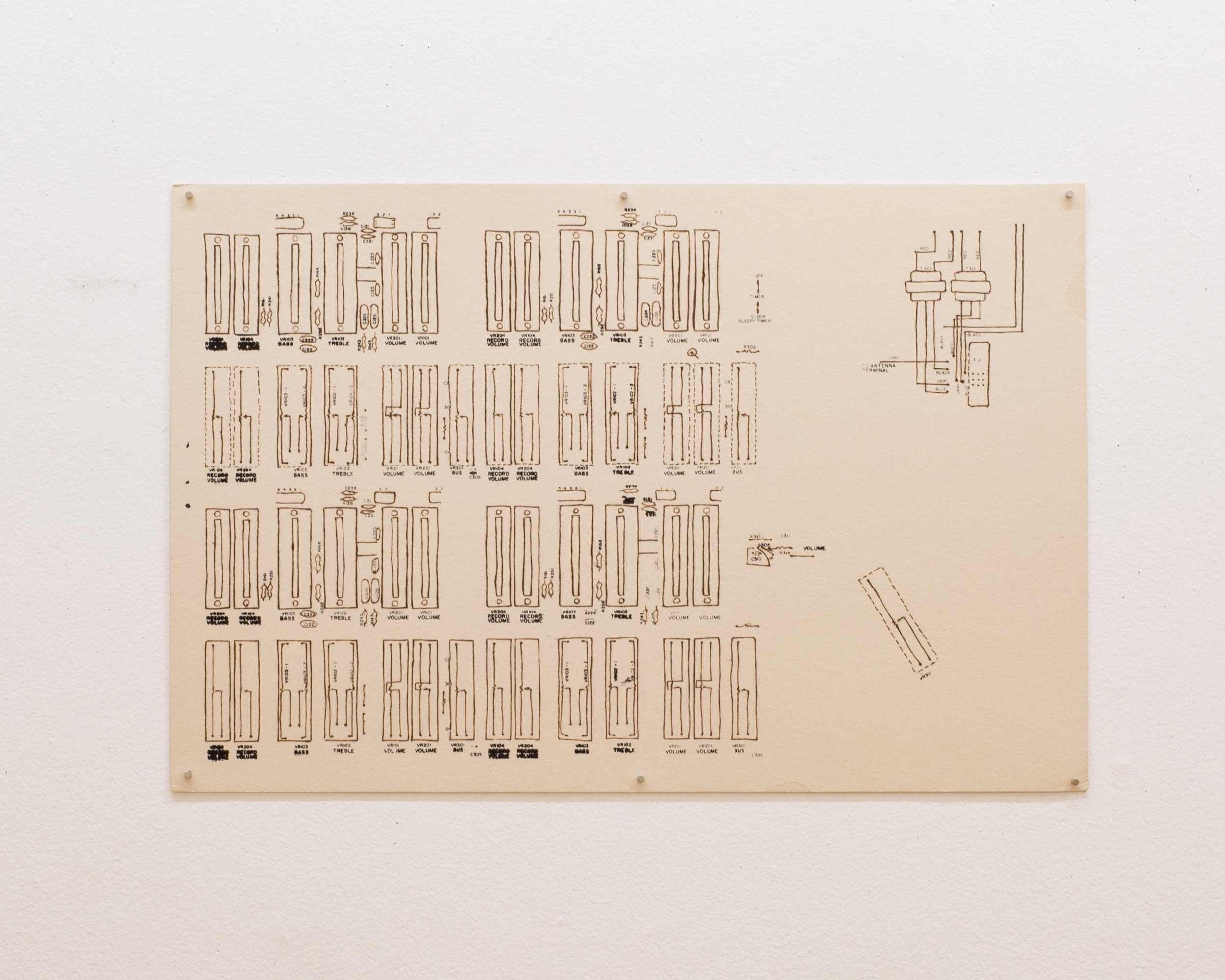 Greyhound Bus Depot
20” x 30”
Taskboard, Ink, Soldering Iron Heat
Source: Fisher PH470 AM/FM Stereo Cassette Recorder with PLL Synthesizer Tuner, Quartz Clock & Timer, Auto Search, and 12-Preset Tuning (1980)