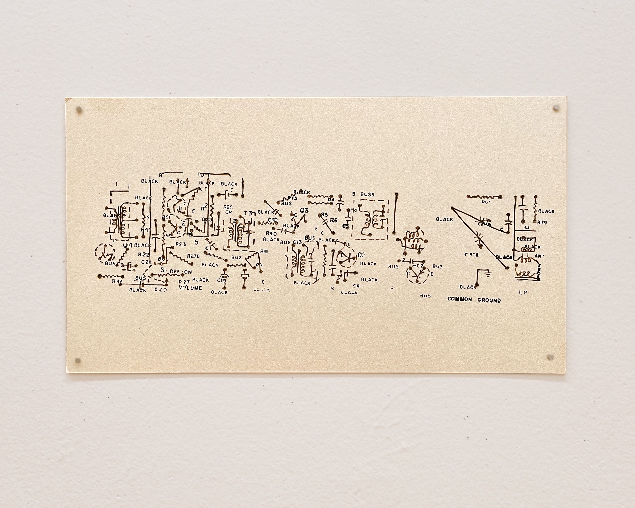 Transistor Radio Portable
21” x 11”
Taskboard, Ink, Soldering Iron Heat
Source: Admiral Chassis 6T2 Portable Transistor Radio Model 521/528 (1959)
