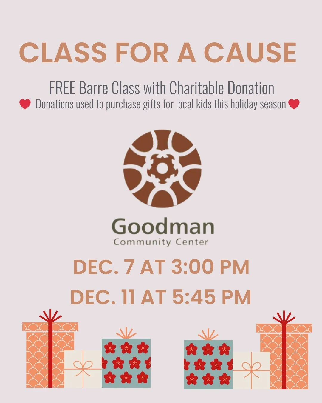 The holidays are here! 🎄🎅🏼That means it's time for our annual gift drive to support families in need through the Goodman Community Center. 💚❤️

🎄Join us for TWO FREE classes! In exchange, we ask you to either sponsor one of our 10 kiddos this ho