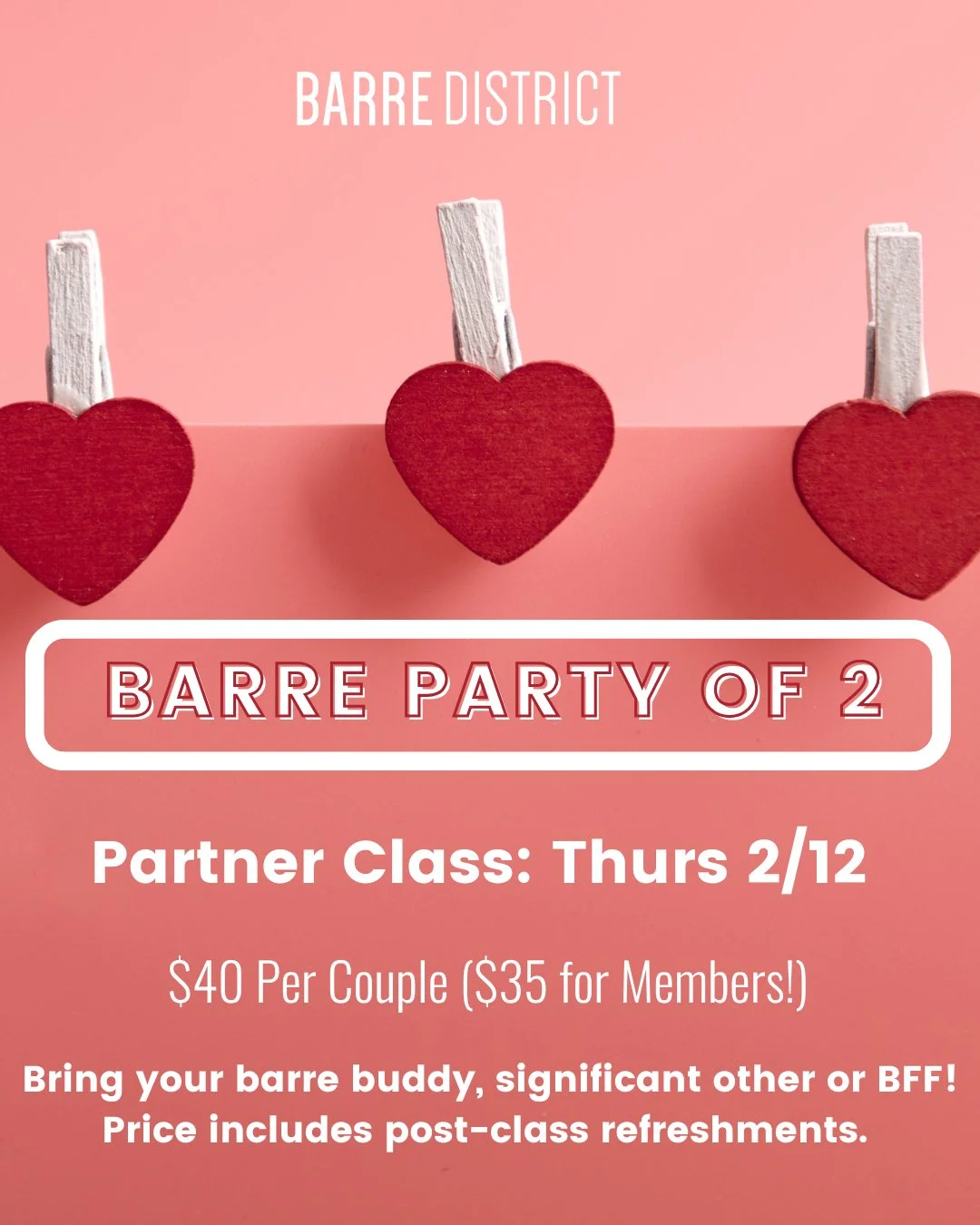 Grab your significant other, barre bestie, friend, neighbor or whoever you enjoy spending time with and join us for this fun, partner-inspired barre class! Laughs guaranteed! 

$40/couple - only one person needs to register.
($35/couple for monthly m