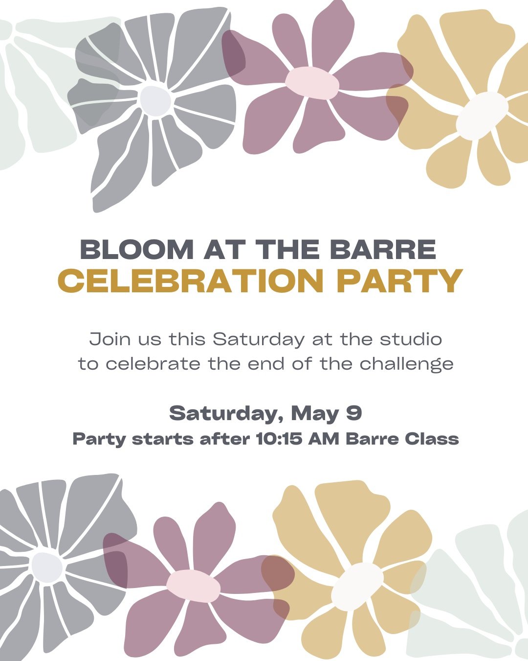 WE DID IT! 🌟Congrats to you all who combined efforts to take OVER 500 CLASSES in April during the Challenge. 

🌸🌼It's celebration time!🌸🌼

Join us this Saturday, May 9 at the studio for a party to celebrate all your hard work! 🥂The party will b