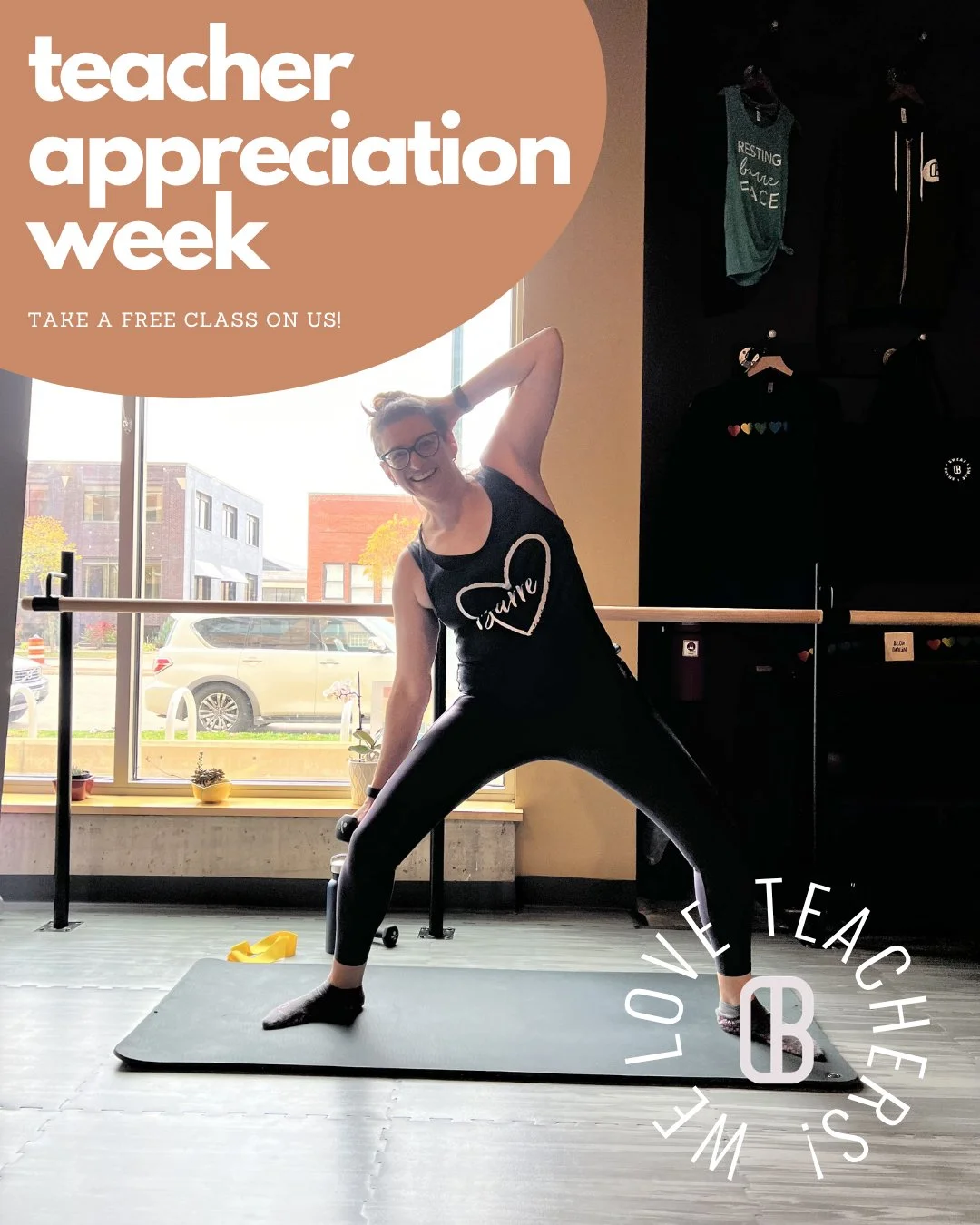Can you imagine a world without teachers? We don't want to! 👩&zwj;🏫 We owe our teachers so much and are very lucky to even have some on staff at the studio! 🍎 To celebrate all the teachers out there, we are offering a free class to all teachers. T