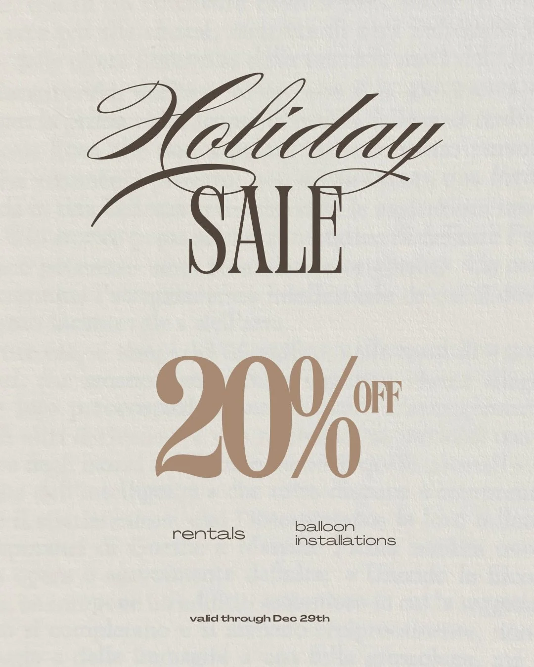 Kicking off Thanksgiving week with our Holiday Sale 🥳

As we get ready for the holidays and Christmas just around the corner, this is the perfect time to snag any rentals or balloon installations at a discounted rate for your next event! 

Perfect f