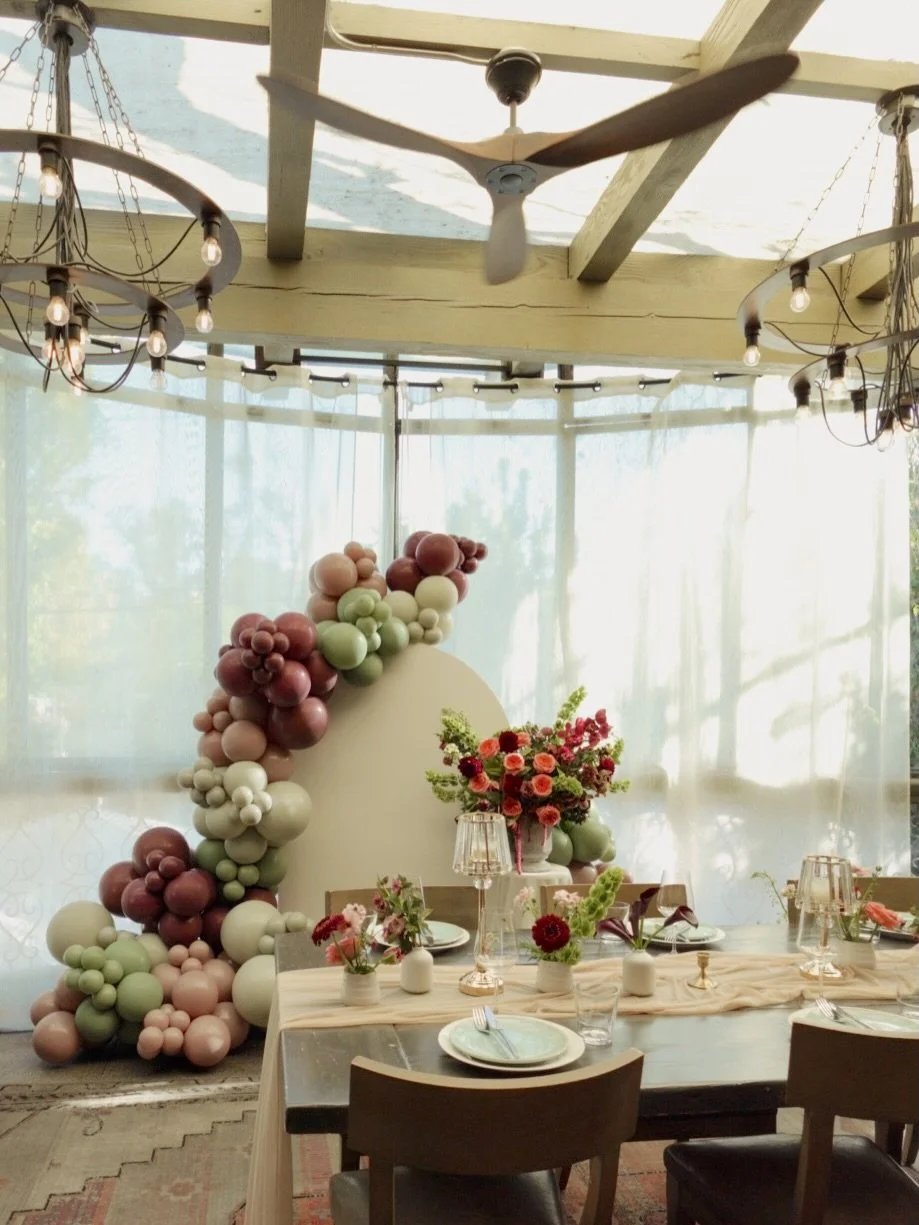 The perfect backdrop for this intimate birthday dinner. Moody, colorful, &amp; elegant all in one. Oh &amp; the florals were the cherry on top! 

Balloons Colors: 
Tuftex Stone 
Tuftex Malted 
Kalisan Burgundy
Sempertex Eucalyptus 

#balloons #backdr