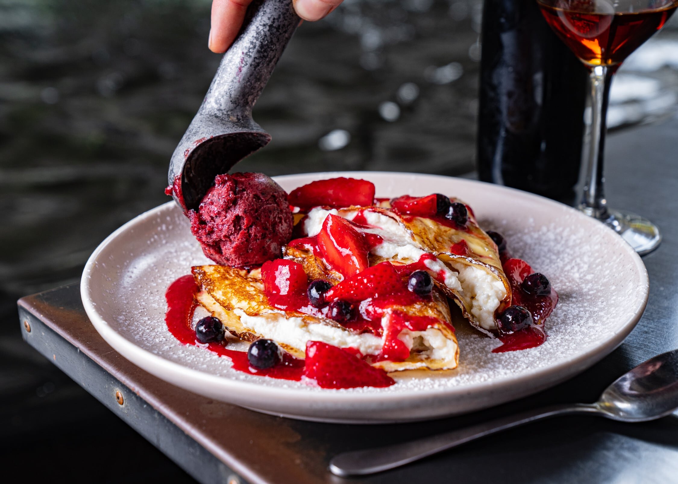 Strawberry Crepes served with sorbet