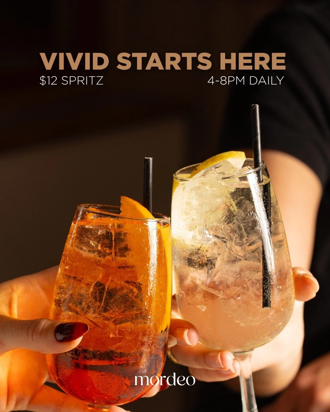 Start your evening at Mordeo with our extended Vivid happy hour. Enjoy $12 Spritz from 4pm&ndash;8pm throughout Vivid, running from 22 May &ndash; 13 June.

The perfect spot for pre-Vivid drinks and dinner. Book your table now via the link in bio. 

