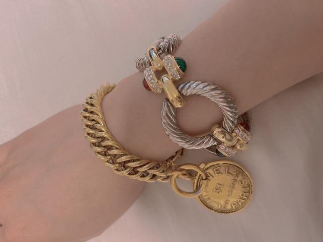 Lot 723: Chanel Gripoix Red & Green Gold Tone Charm Bracelet